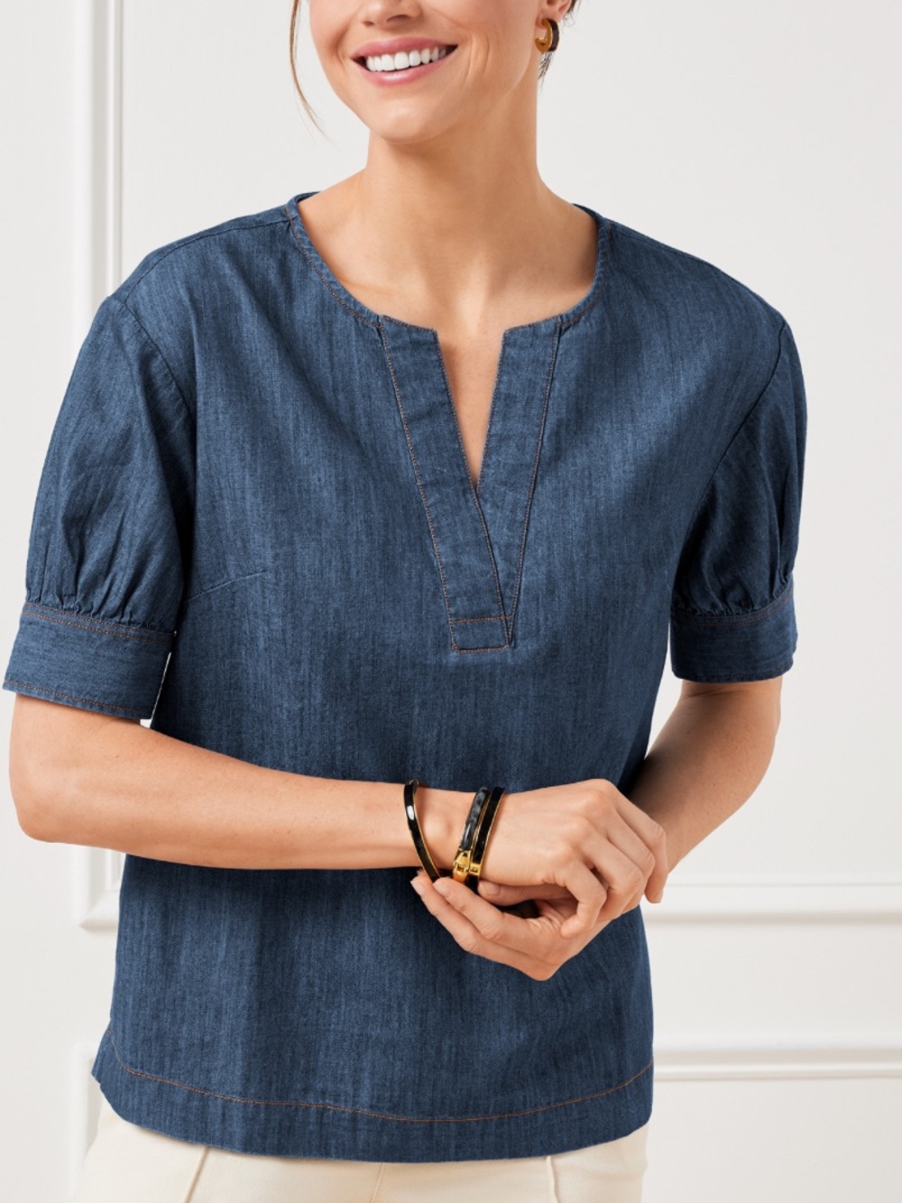 NWT Talbots Indigo Denim Short-Sleeve Popover Top size XL